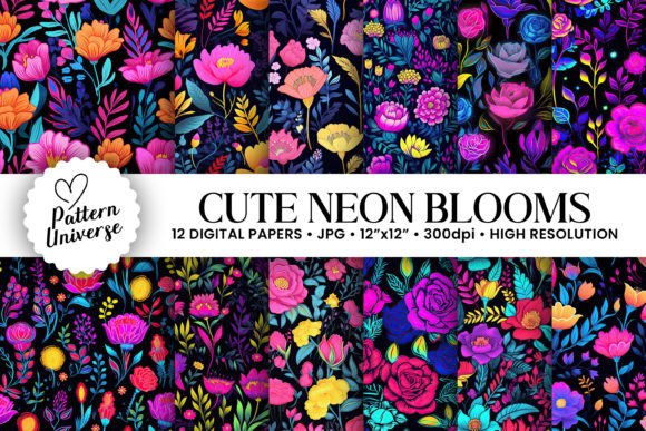 Cute Neon Blooming Flowers Patterns
