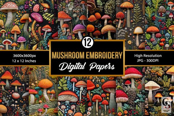 Embroidered Mushrooms Seamless Patterns