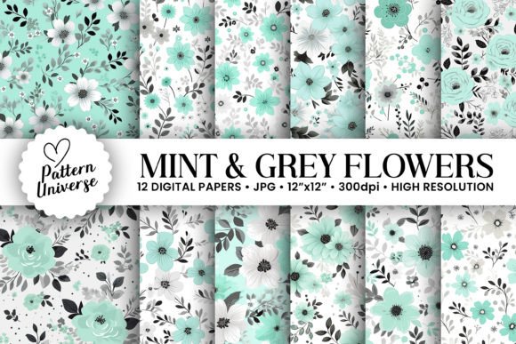 Mint Grey Flowers Seamless Patterns