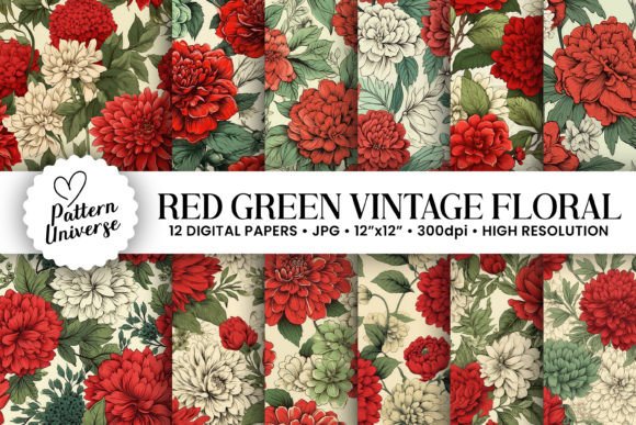 Red Green Vintage Flowers Patterns